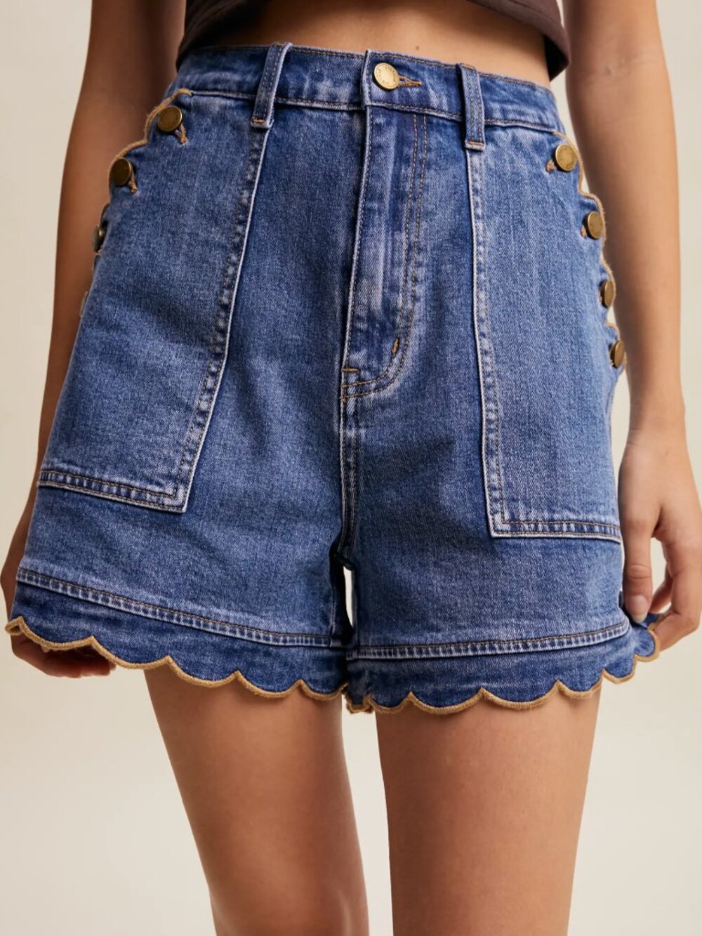 Scallop Button-Side Stretch Denim Shorts